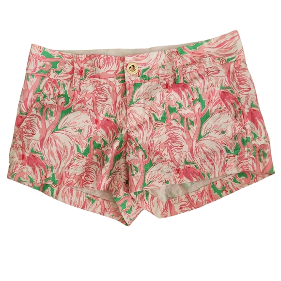 Lilly Pulitzer Pants - Lilly Pulitzer Green Pink Colony Flamingo Cotton Walsh Shorts Size 00